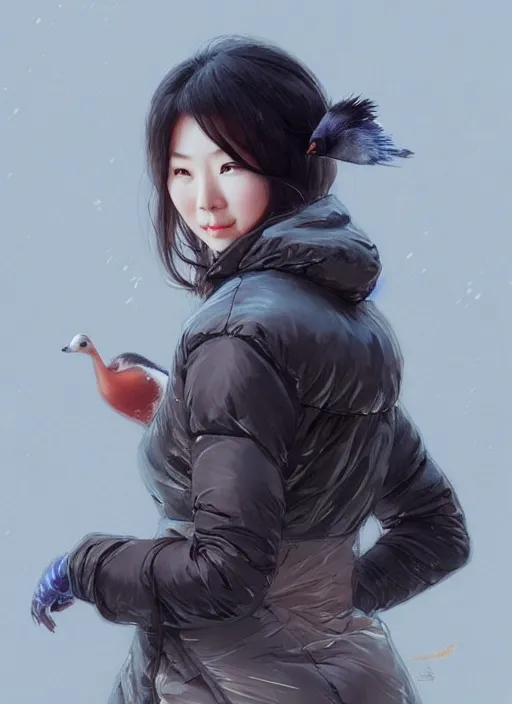 Image similar to a beautiful chinese woman in down jacket ， a goose ， winer ， wenjun lin intricate, elegant, highly detailed, digital painting, artstation, concept art, matte, sharp focus, illustration, hearthstone, art by artgerm and greg rutkowski and alphonse mucha