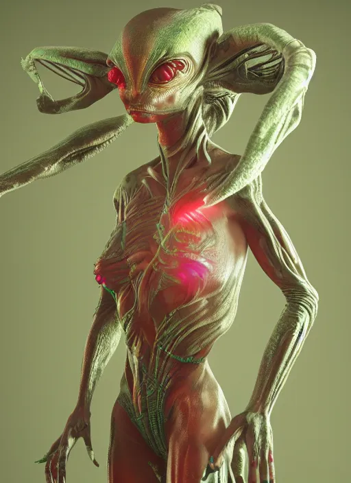 Image similar to alien woman, clothes made out of flower, rgb, cables everywhere, bedroom, ultra realistic, concept art, intricate details, highly detailed, photorealistic, octane render, 8 k