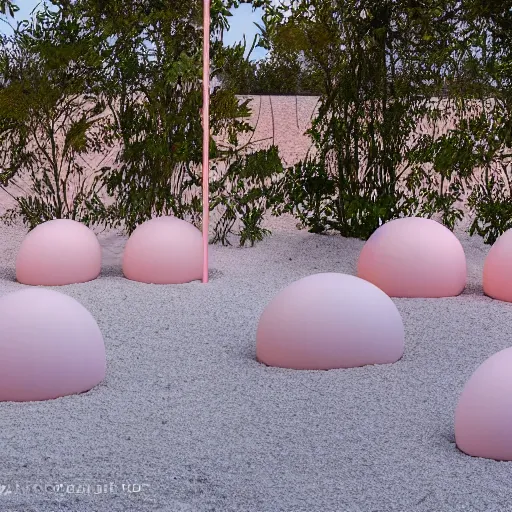 Image similar to An ultra high definition, professional photograph of an outdoor partial IKEA showroom inspired sculpture located on a pastel pink beach ((with pastel pink, dimpled sand where every item is pastel pink. The sun can be seen rising through a window in the showroom.)) The showroom unit is outdoors and the floor is made of dimpled sand. Morning time indirect lighting with on location production lighting on the showroom. In the style of wallpaper magazine, Wes Anderson.