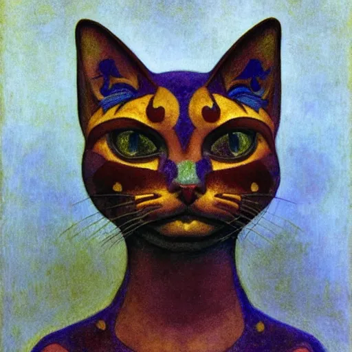 Image similar to cloisonne cat head sculpture, by annie swynnerton and diego rivera and nicholas roerich and jean delville, symbolist, dramatic lighting, god rays, art brut, rich colors, smooth, sharp focus, extremely detailed, adolf wolfli and ( donato giancola and bilibin )