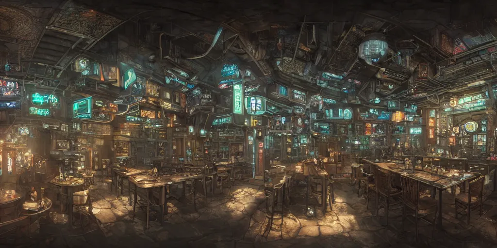 Prompt: Very Highly detailed realistic Digital concept interior design in style of Hiromasa Ogura and Josan Gonzalez of cyberpunk tavern with stone walls and neon lights, a lot of electronics, many details. Natural white sunlight from the transperient roof. Panorama on 360 degrees Rendered in VRAY and DaVinci Resolve and MAXWELL and LUMION 3D, Volumetric natural light