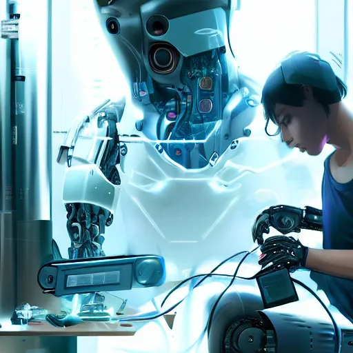 Prompt: cyberpunk robot repairing an android in a lab, concept art, fine details, Anime, cinematic lighting, ghost-in-the-shell,