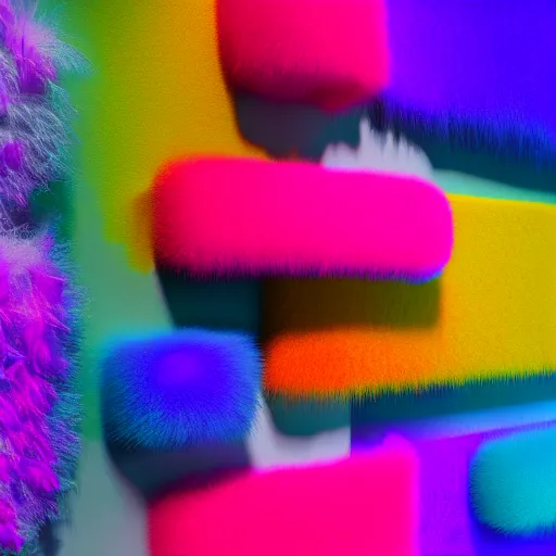 Image similar to : colorful abstract fuzzy sculpture on the wall in modern architecture, cinematic lighting, hyper - realistic, detailed, render by c 4 d octane, unreal engine, 8 k 3 d render