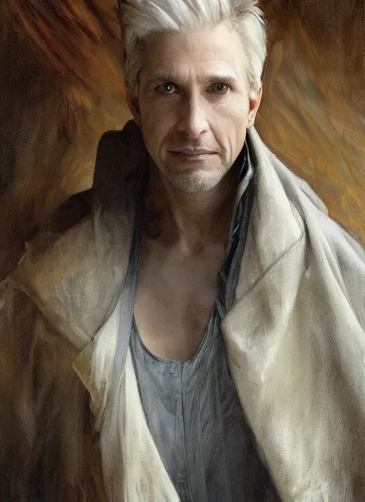 Prompt: a man aged 4 0 with blonde hair and hazel eyes and a friendly expression. he is wearing a tattered grey cloak. portrait painting by artgerm and greg rutkowski and alphonse mucha.