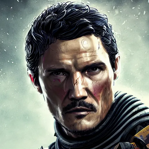 Image similar to pedro pascal portrait, dystopia core, apocalyptic, armor, warrior, dramatic, sharp focus, fiction, neon, fantasy, hyper detailed, digital art, trending in artstation, cinematic lighting, studio quality, smooth render, unreal engine 5 rendered, octane rendered, art style and nixeu and wlop and krenz cushart