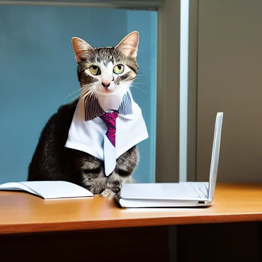 Image similar to a photo of a cat wearing a shirt and tie, sitting at a white desk with a book and a laptop on it