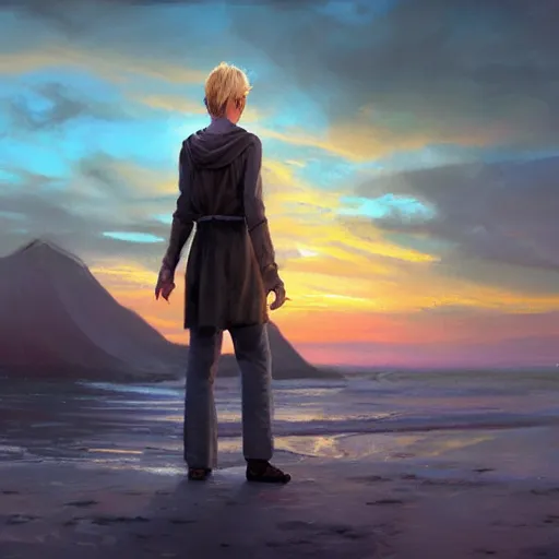 Image similar to a young blonde male jedi with short hair standing still looking at the sunset concept art by Doug Chiang cinematic, realistic painting, high definition, concept art, portait image, path tracing, serene landscape, high quality, highly detailed, 8K, soft colors, warm colors, turbulent sea, high coherence, anatomically correct, hyperrealistic, concept art, defined face, five fingers, symmetrical