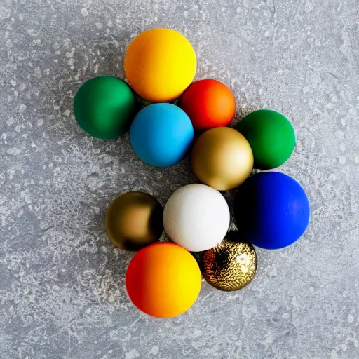 Image similar to a gold ball in 1 0 different colors arranged into a sphere