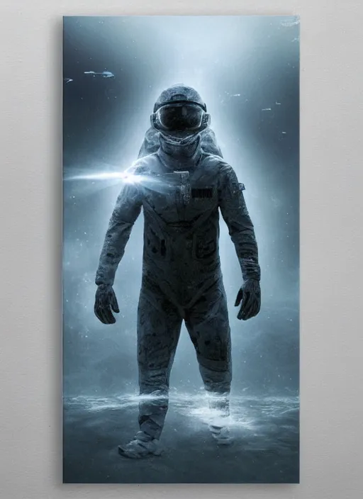 Image similar to astronauts in dark and empty void underwater - complex and hyperdetailed technical suit. reflection and dispersion materials. rays and dispersion of light. volumetric light. 5 0 mm, f / 3 2. noise film photo. flash photography. ultra realistic, wide angle. poster by wayne barlowe, hajime sorayama aaron horkey, craig mullins