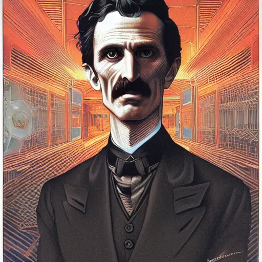 Image similar to portrait of nikola tesla, symmetrical, by yoichi hatakenaka, masamune shirow, josan gonzales and dan mumford, ayami kojima, takato yamamoto, barclay shaw, karol bak, yukito kishiro