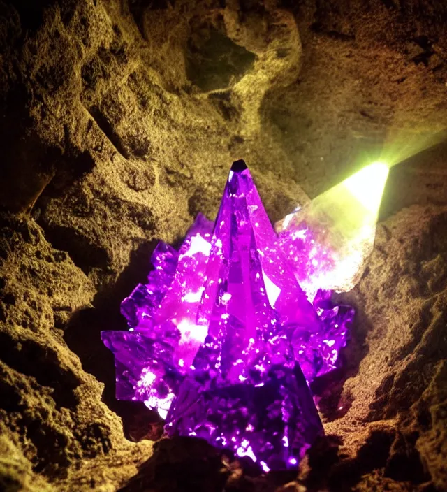 Image similar to luminous punisher symbol deep purple crystal growing in a cave with smoke and light rays.