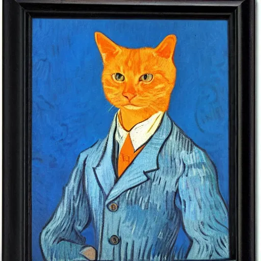 Image similar to a portrait of a ginger orange cat, wearing a light blue suit, by Vincent Van Gogh