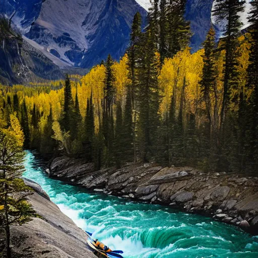 Prompt: a kayak kayaks down Takakkaw Falls, photograph in the style of National Geographic