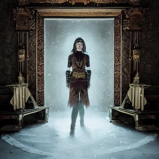 Image similar to the elder scrolls vi, charismatic regal brunette female jarl, portrait, rustic throne room, atmospheric lighting, painted, intricate, volumetric lighting, beautiful, daytime,, slight overcast weather, 4 0 0 0 k, sharp focus, deep colours, ultra detailed, by leesha hannigan, ross tran, thierry doizon, kai carpenter, ignacio fernandez rios