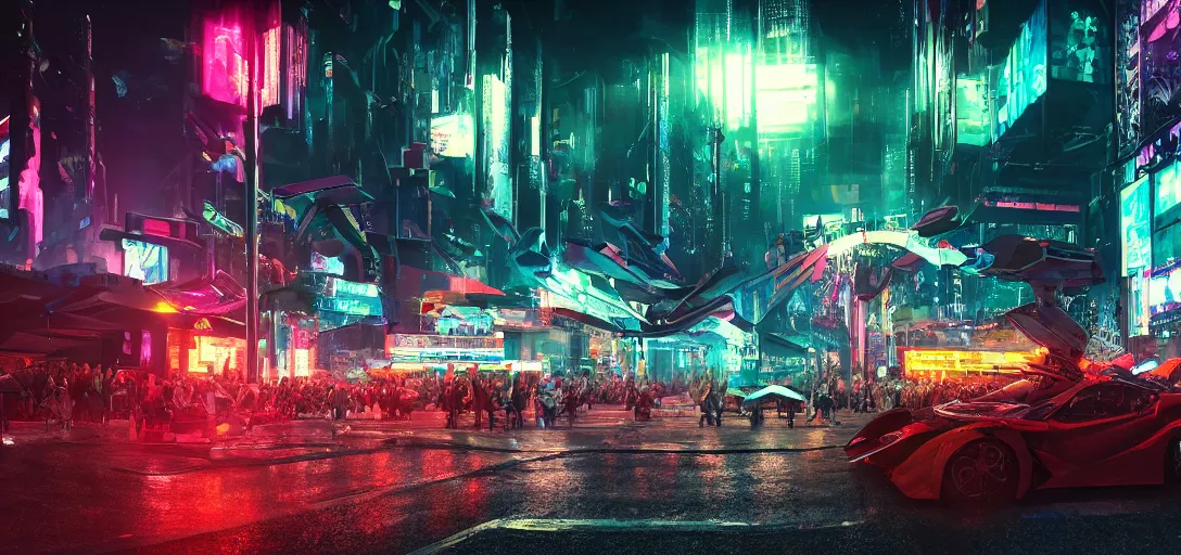 Prompt: cyberpunk look of Small outdoor carnival, rain, night, flying cars, digital art, 8k, many details