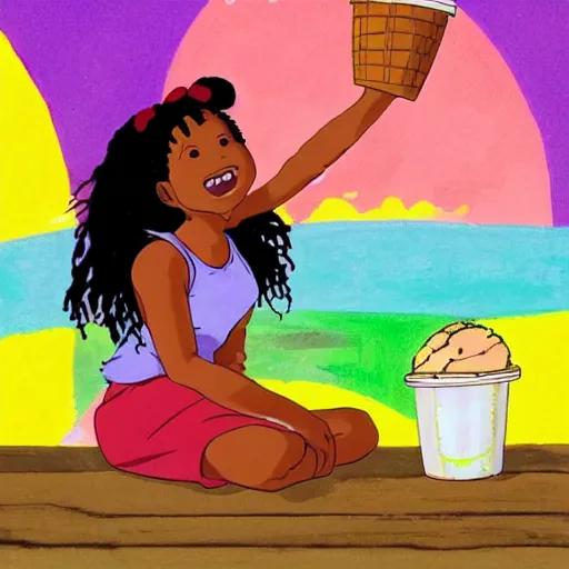 Image similar to a little 👧🏾 girl with dreads eating ice cream smiling, sitting on top of a rainbow, studio ghibli style