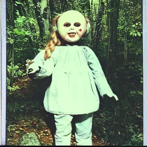 Prompt: polaroid picture of a creepy doll found in the forest