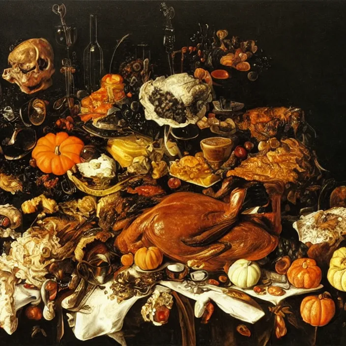 Image similar to victorian thanksgiving feast, black background, vanitas, a flemish baroque by jan davidsz. de heem, a still life by giuseppe arcimboldo, pinterest, rococo, hd, intricate high detail masterpiece