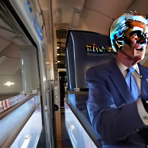 Image similar to cybernetic joe biden riding Amtrak