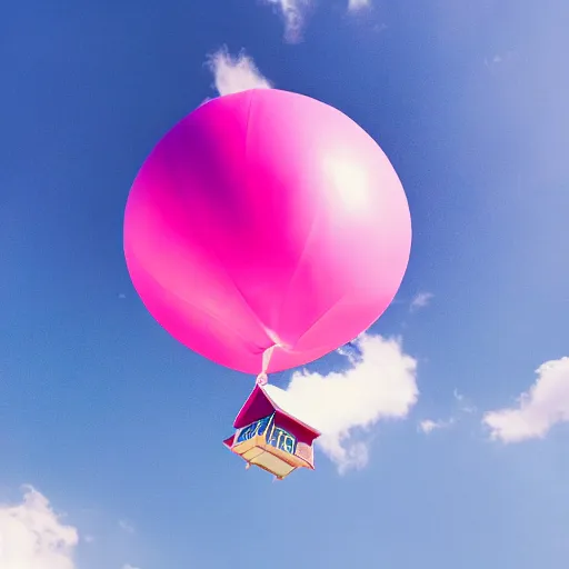 Image similar to dream a 5 0 mm lens photograph of a cute pink floating modern house, floating in the air between clouds, inspired by the movie up, held up from above by heart ballons. mist, playful composition canon, nikon, award winning, photo of the year