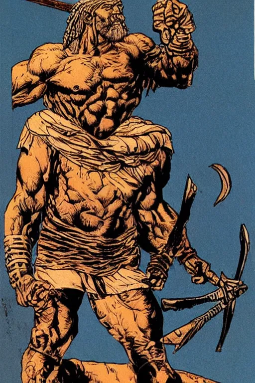 Image similar to ancient historically accurate depiction of the Bible Character Goliath of Gath, the Philistine warrior giant by frank miller