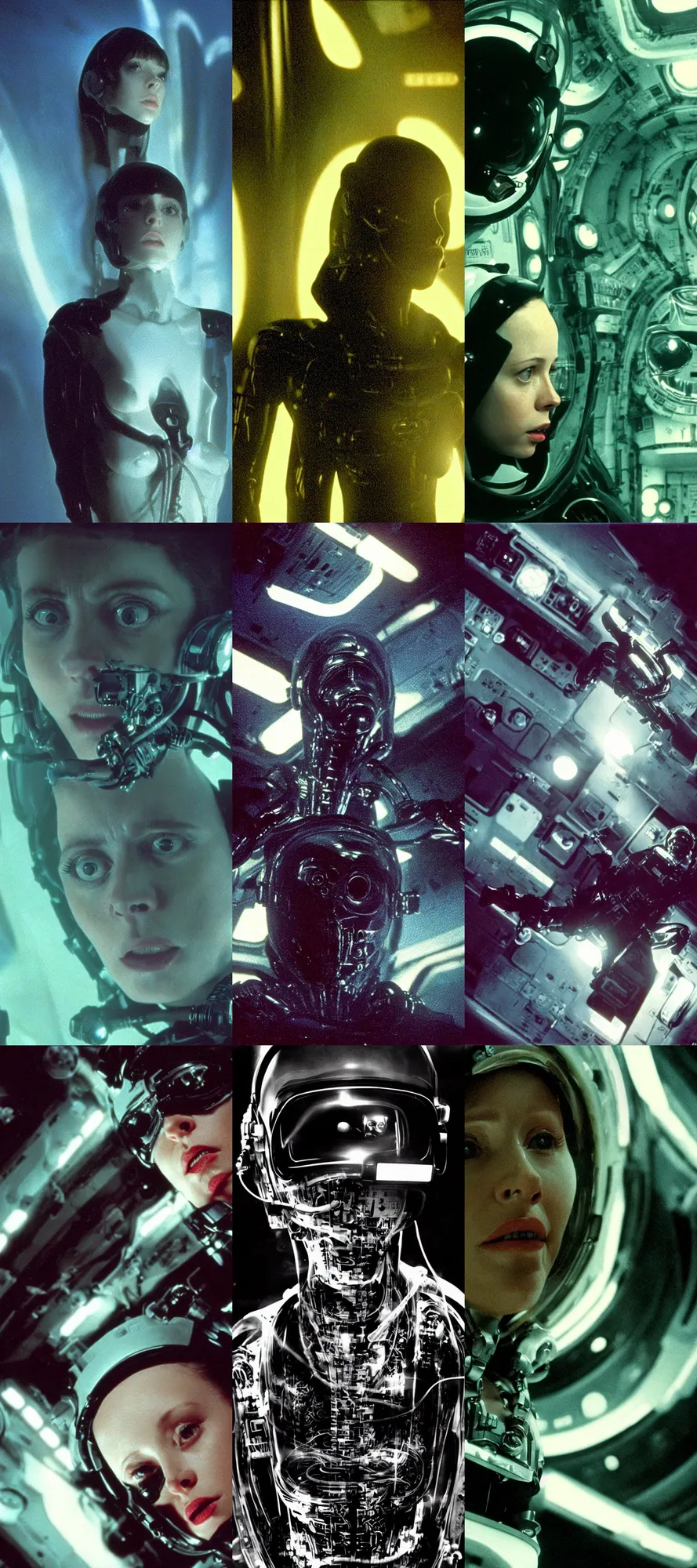 Prompt: Cinestill 50d, 8K, 35mm,J.J Abrams flare; beautiful ultra realistic vaporwave minimalistic h.r giger pilot in space(1950) film still medical bay scene in 2000s frontiers in blade runner retrofuturism fashion magazine September hyperrealism holly herndon edition, highly detailed, extreme closeup three-quarter model portrait, tilt shift LaGrange point orbit background, three point perspective, focus on anti-g flight suit,<pointé pose>;open mouth,terrified, eye contact, soft lighting