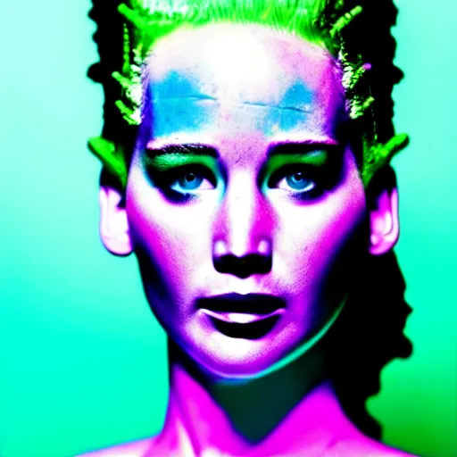 Prompt: jennifer lawrence as the bride of frankenstein, macro photography, glowing retinas, vaporwave, fuscia cyan yellow white powder on face, national geographic