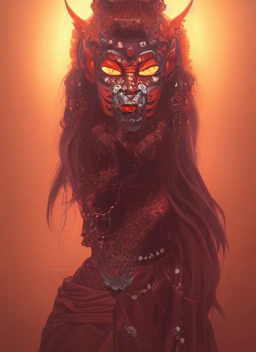 Prompt: a beautiful detailed oil on copper art illustration of a japanese namhage mask devil woman, centered, by charlie bowater, zeng fanzh, trending on artstation, dim dusk lighting, cinematic lighting, detailed lighting, volumetric lighting, realistic, f 8, 4 k hd wallpaper