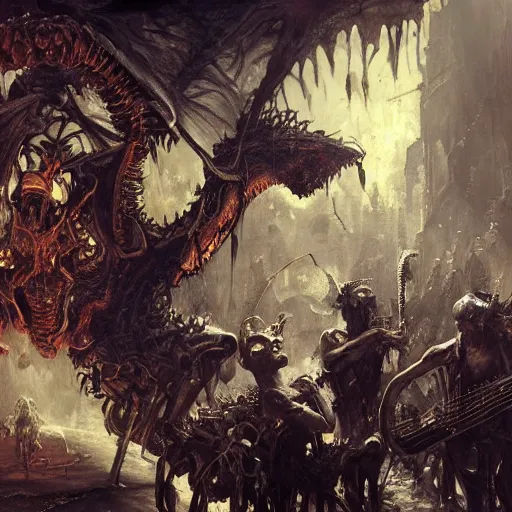 Image similar to jazz quartet in hell, intricate detail, royo, vallejo, frazetta, giger, whealan, hd, unreal engine,