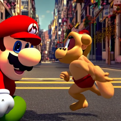 Prompt: a beautiful photo of mario fighting donky kong in the street, ultimate octane render, 8 k