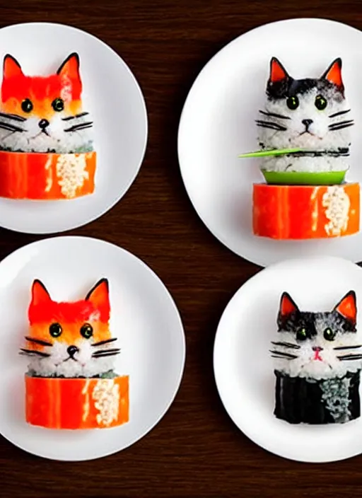 Image similar to clear photorealistic picture of adorable cats made from sushi rice, sitting on sushi plates with garnish