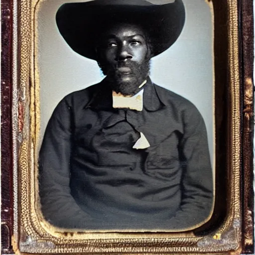 Prompt: Black man with comically large cowboy hat daguerreotype