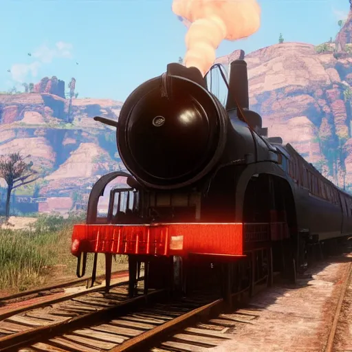 Image similar to futuristic sleek steam locomotive in red dead redemption 2