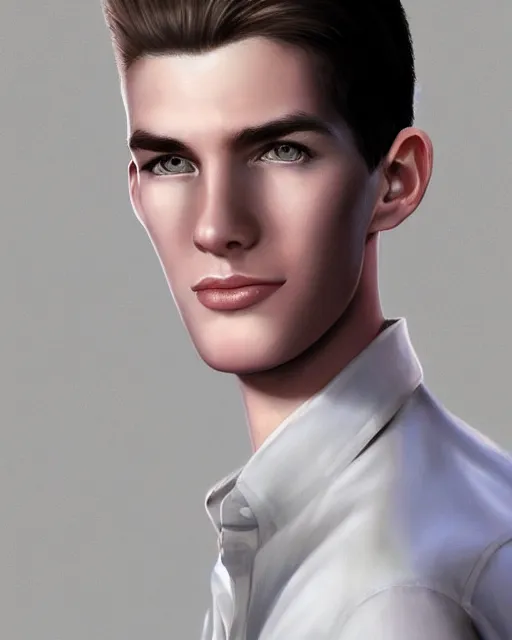 Image similar to portrait of 1 5 - year - old boy, a tall, slender boy with a pale, pointed face, sleek blond hair, and ice grey eyes, wearing in shirt, hyper realistic face, beautiful eyes, character art, art by mark brooks, hyperdetailed, cryengine, trending on artstation, digital art