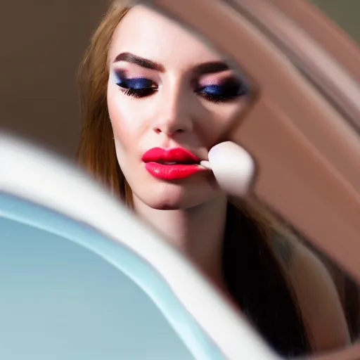 Prompt: a close - up of young woman looking in rear view mirror doing makeup, applying lipstick, photorealistic, hyperrealism, high resolution, ultra - detailed, k 4, kodak portra 4 0 0