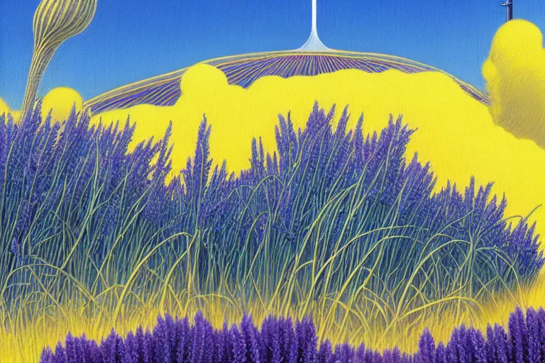 Image similar to evangelionic illustration, a lot of exotic deep blue vegetation, tall thin lavender trees, tremendous pleasure, gold iridescent flowers, oldschool vintage sci - fi flat surreal design, super - detailed, digital oil painting by moebius, hd, 4 k, high quality