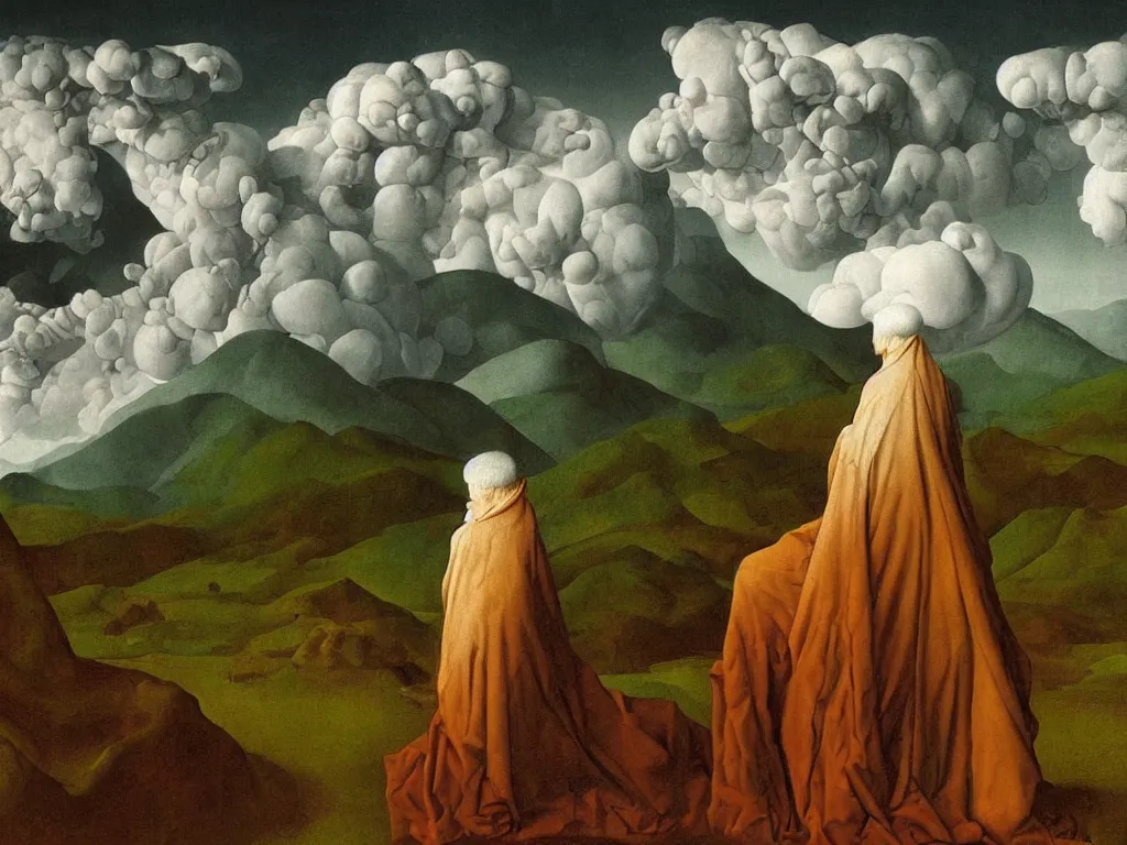 Prompt: albino mystic, with his back turned, looking at a storm over over the mountains in the distance, with strange hallucination, optical illusion. Painting by Jan van Eyck, Audubon, Rene Magritte, Agnes Pelton, Max Ernst, Walton Ford