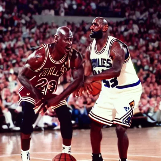 Image similar to film still of Micheal Jordan playing against Lebron James on a basketball court, 8k