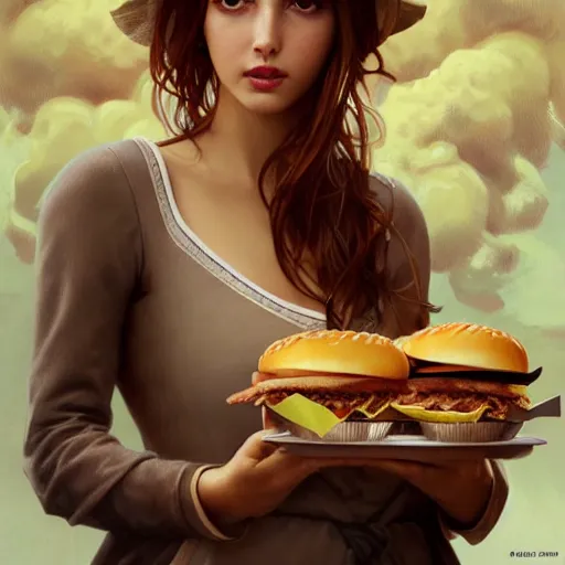 Image similar to portrait of ana de armas eating hamburgers, extra onions and ketchup, luscious patty with sesame seeds, feminine ethereal, handsome, d & d, fantasy, intricate, elegant, highly detailed, digital painting, artstation, concept art, matte, sharp focus, illustration, art by artgerm and greg rutkowski and alphonse mucha