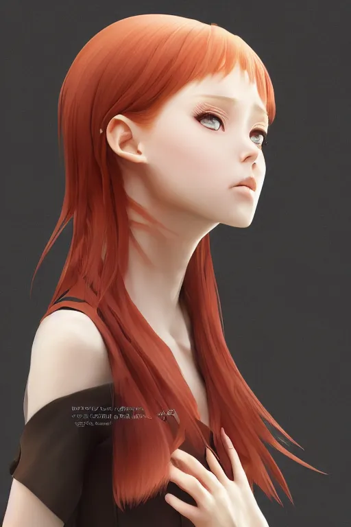 Image similar to Very complcated dynamic composition, realistic anime style at Pixiv, Zbrush sculpt colored, Octane render in Maya and Houdini VFX, young redhead girl in motion, wearing jacket and skirt, silky hair, black stunning deep eyes. By ilya kuvshinov, krenz cushart, Greg Rutkowski, trending on artstation. Amazing textured brush strokes. Cinematic dramatic soft volumetric studio lighting