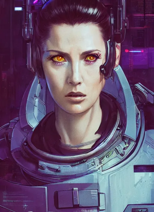 Image similar to cyberpunk female space pilot character ( blade runner 2 0 4 9, dystopian, cyberpunk 2 0 7 7 character design ). attractive face. portrait by james gurney and laurie greasley and yoji shinkawa, oil on canvas. cinematic composition, hyper realism, realistic proportions, anatomy, dramatic lighting, photorealistic, high detail, 4 k