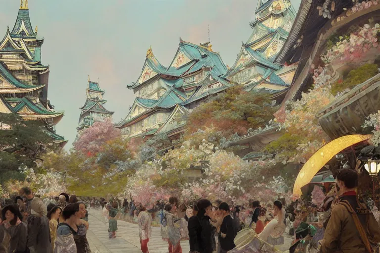 Image similar to a beautiful realistic painting of osaka castle festival, intricate, elegant, highly detailed, digital painting, artstation, concept art, by krenz cushart and artem demura and alphonse mucha