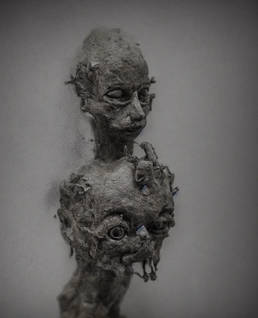 Prompt: weird statue close up in a dark room, creepy and eerie athmosphere, mist, photorealistic, hd,