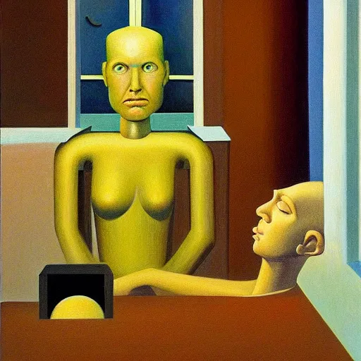 Image similar to super - intelligent robot with kind eyes portrait, grant wood, pj crook, edward hopper, oil on canvas