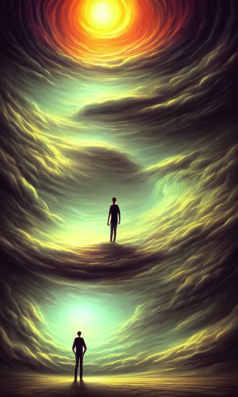 Image similar to a person standing in front of a large circular object, an album cover by cyril rolando, deviantart, magic realism, photoillustration, apocalypse art, matte drawing