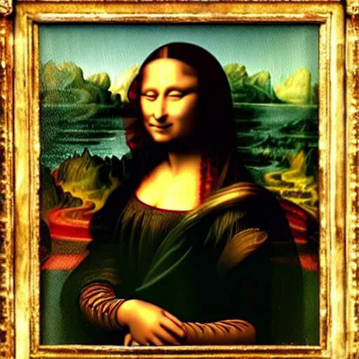 Prompt: an oil painting of leonardo da vinci in his computer generating his masterpiece mona lisa using artificial intelligence, matte painting