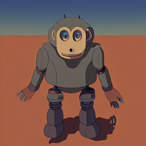 Image similar to a study of cell shaded cartoon of a grey robot baboon from howl's moving castle ( 2 0 0 4 ) on a desert road, full body, wide shot, very muted colors, post grunge, studio ghibli, laurie greasley, highly detailed, deviantart, art by artgem