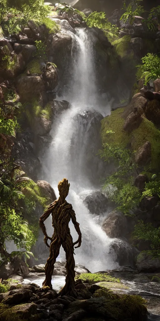 Image similar to photorealistic wide shot portrait of Groot, under waterfall, octane render, unreal engine 4k, volumetric light, fog, detailed