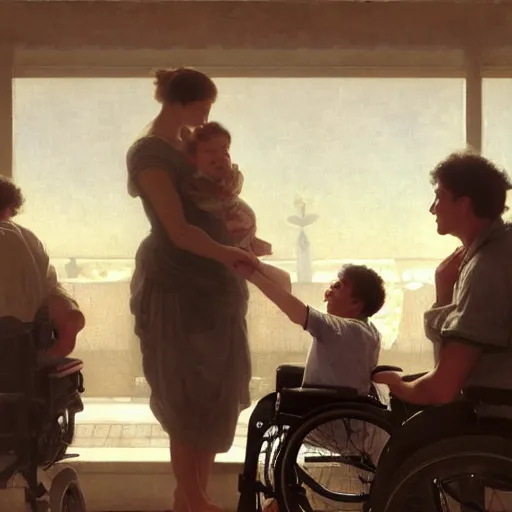 Image similar to a male patient in a wheelchair in the hospital with his wife and son standing by. happy, cheerful, smiling, intricate, face enhance, sharp focus, cinematic lighting, featured in artistation, 8 k, art by greg rutkowski, william adolphe bouguereau