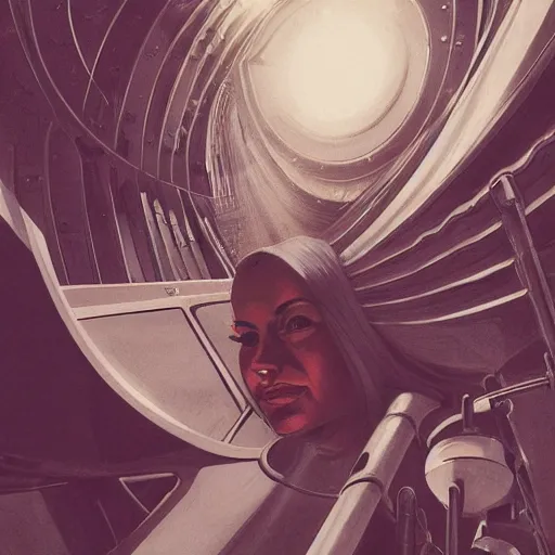 Image similar to detailed face of a woman, clockwork, moment, tectonic sky, skydome, bullet train, turbines, utopian, tech noir, wet reflections, prism, atmospheric, ambient, pj crook, syd mead, emma uber, greg rutkowski, edward hopper